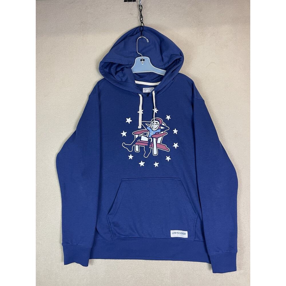Life Is Good Hoodie Mens L Blue Graphic Print Regular Fit Long Sleeve Pullover